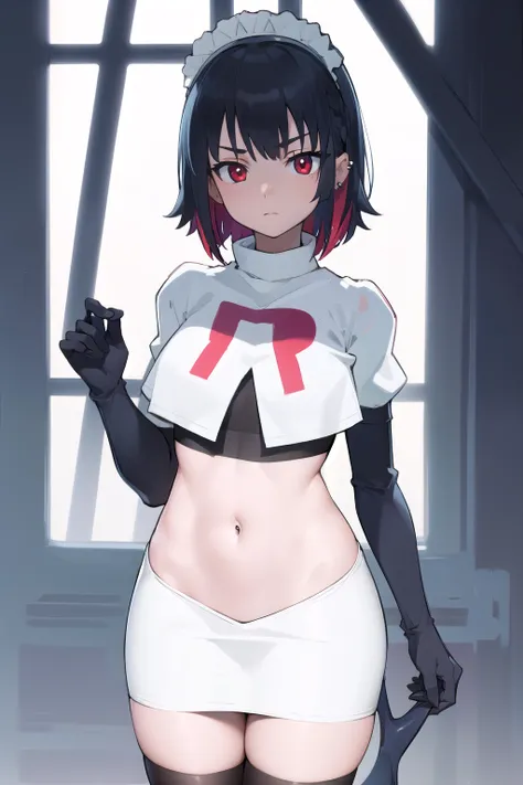 ellenjoe, ellen joe, black hair, colored inner hair, multicolored hair, (red eyes:1.3), red hair, short hair, two-tone hair,
BREAK ear piercing, fins, fish tail, maid headdress, piercing, shark girl, shark tail, tail, two-tone hair, team rocket,team rocket...