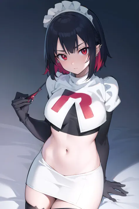 ellenjoe, ellen joe, black hair, colored inner hair, multicolored hair, (red eyes:1.3), red hair, short hair, two-tone hair,
BREAK ear piercing, fins, fish tail, maid headdress, piercing, shark girl, shark tail, tail, two-tone hair, team rocket,team rocket...