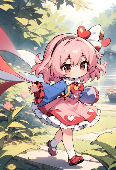 full_body,cute,chibi, masterpiece, best quality, very aesthetic, absurdres, 1girl,,,komeiji_satori(touhou), pink_hair, hairband, heart_hair_ornament, blouse, blue_shirt, heart_buttons, frilled_shirt_collar, frilled_sleeves, frills, long_sleeves, wide_sleev...