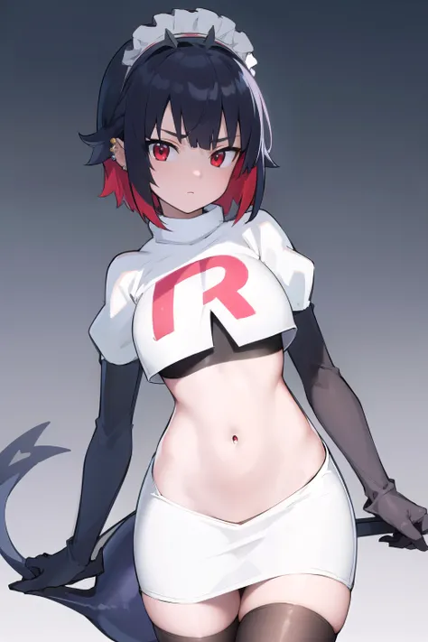ellenjoe, ellen joe, black hair, colored inner hair, multicolored hair, (red eyes:1.3), red hair, short hair, two-tone hair,
BREAK ear piercing, fins, fish tail, maid headdress, piercing, shark girl, shark tail, tail, two-tone hair, team rocket,team rocket...