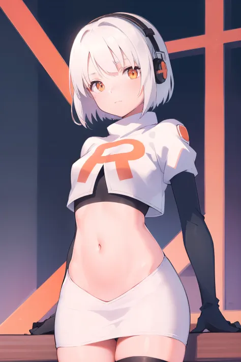 anbydemara, anby demara, (orange eyes:1.5), short hair, white hair,
BREAK, headphones, navel, stomach, team rocket,team rocket uniform,white skirt,red letter R,crop top,black thigh-highs,black elbow gloves,
BREAK looking at viewer, (cowboy shot:1.5),
BREAK...