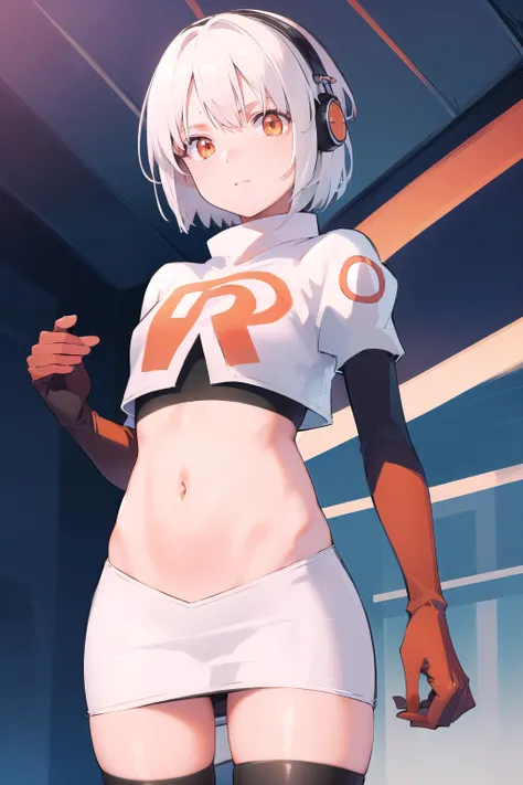 anbydemara, anby demara, (orange eyes:1.5), short hair, white hair,
BREAK, headphones, navel, stomach, team rocket,team rocket uniform,white skirt,red letter R,crop top,black thigh-highs,black elbow gloves,
BREAK looking at viewer, (cowboy shot:1.5),
BREAK...