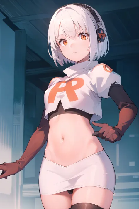 anbydemara, anby demara, (orange eyes:1.5), short hair, white hair,
BREAK, headphones, navel, stomach, team rocket,team rocket uniform,white skirt,red letter R,crop top,black thigh-highs,black elbow gloves,
BREAK looking at viewer, (cowboy shot:1.5),
BREAK...