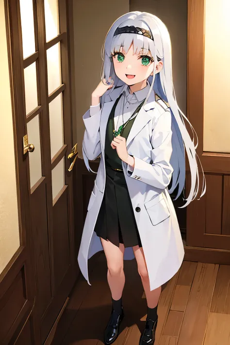 Long silver hair, green eyes, headband, necklace, lab coat, flat chest, black skirt, beautiful thighs, smile, happy, inside house