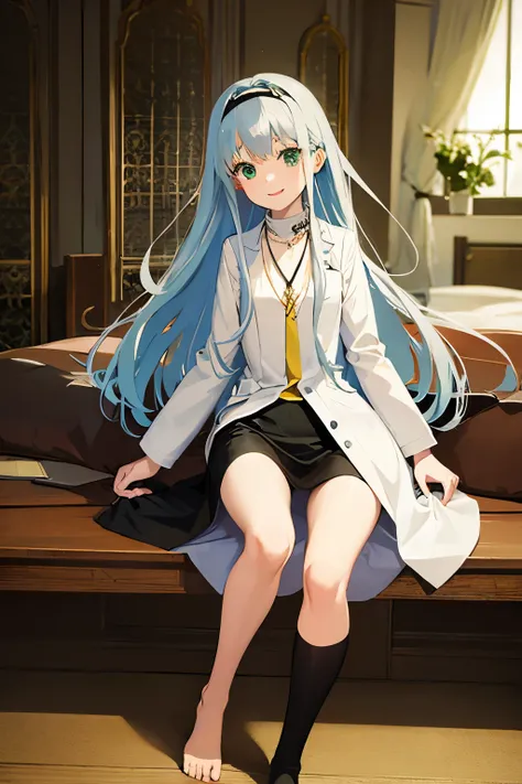 Long silver hair, green eyes, headband, necklace, lab coat, flat chest, black skirt, beautiful thighs, smile, happy, inside house