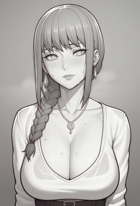 _asura style, 1girl, makima_(chainsaw_man), greyscale, ringed_eyes, breasts, monochrome, jewelry, solo, cleavage, necklace, braided_ponytail, braid, looking_at_viewer, large_breasts, blush, upper_body, earrings, bangs, sweat, simple_background, collarbone,...