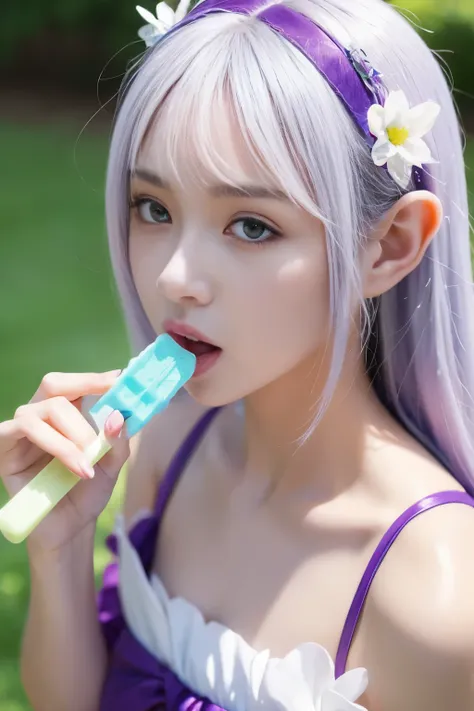 from above, face close-up,holding popsicle,popsicle_licking,lickinng,tongue_out, open_mouth,ice-cream,masterpiece,best quality,1...