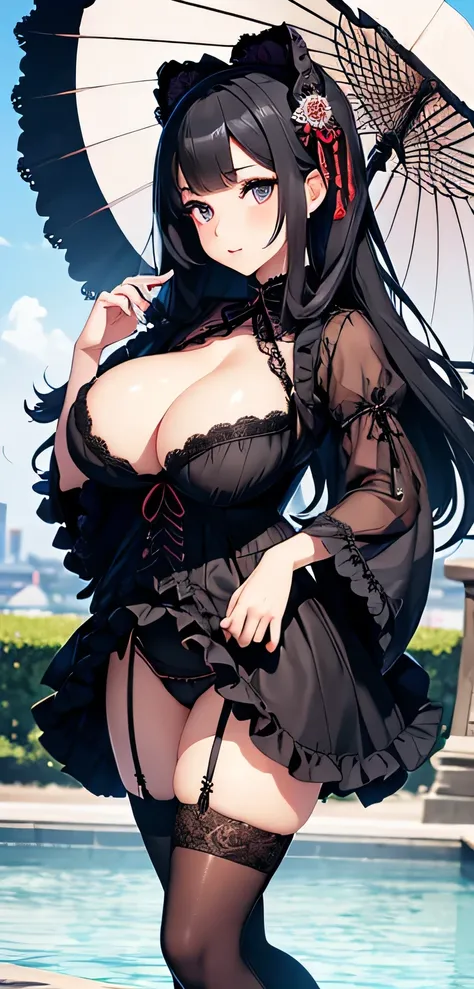 beautiful detailed female japanese, wearing Gothic Lolita Dress: A black, frilly dress with lace details, a parasol, and knee-high stockings, beautiful face, shiny white skin,  curvy body, ultra large saggy breasts, massive cleavage exposed, castle backgro...