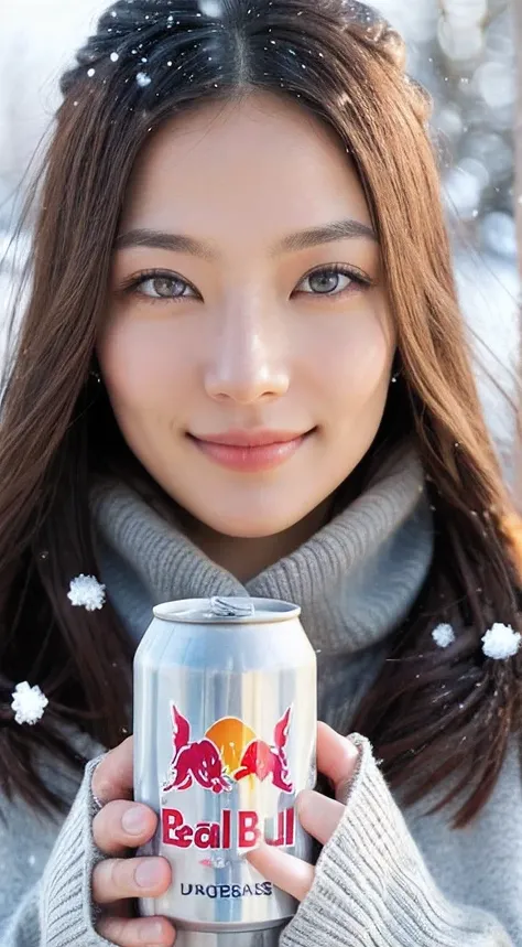 (masterpiece:1.35),(best-quality:1.4),8k,ultra-detailed,photography,(ultra-realistic:1.4),adult girl,long hair,sweater,snowing background,holding energy drink,Redbull brand,beautiful detailed eyes,beautiful detailed lips,extremely detailed face and eyes,lo...