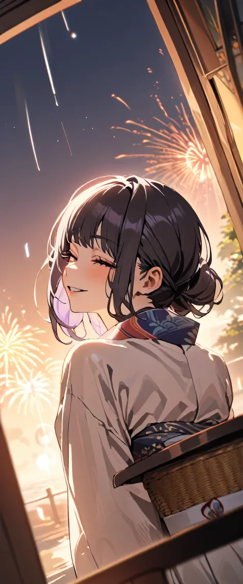 1girl, asa mitaka, wearing kimono with firework in background, (masterpiece), cinematic, beautiful light, best quality, newest,s...