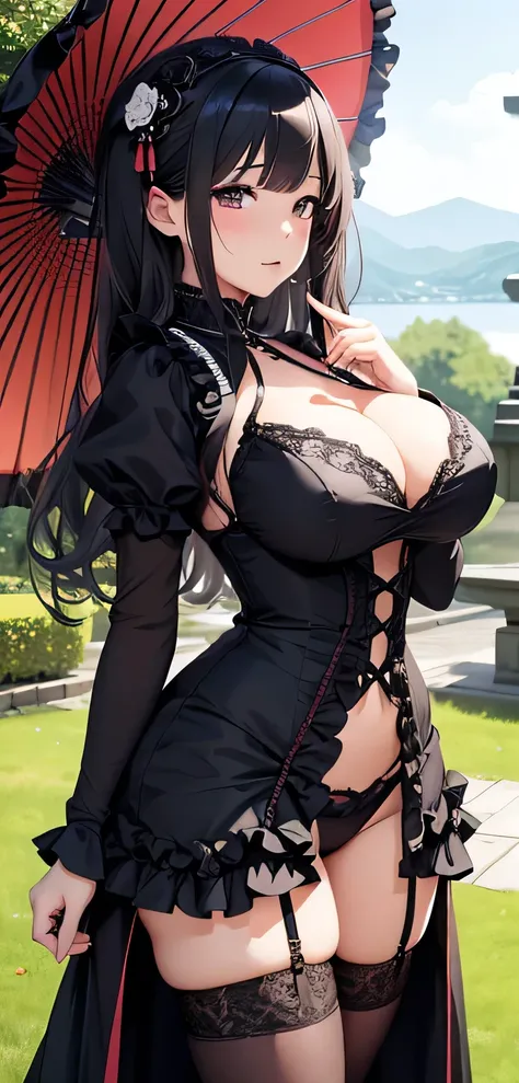 beautiful detailed 27 years old female japanese, wearing Gothic Lolita Dress: A black, frilly dress with lace details, a parasol, and knee-high stockings, beautiful face, shiny white skin,  curvy body, ultra large saggy breasts, massive cleavage exposed, c...