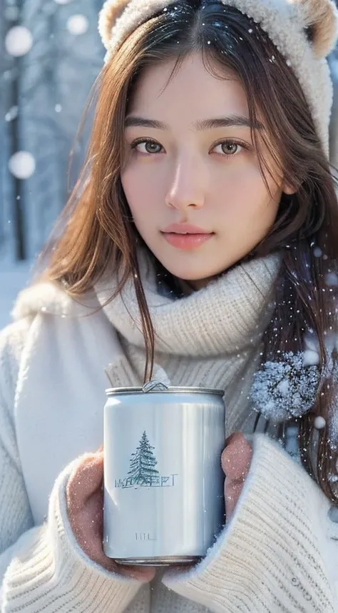 (masterpiece:1.35),(best-quality:1.4),8k,ultra-detailed,photography,(ultra-realistic:1.4),adult girl,long hair,sweater,snowing background,holding bear brand milk can,detailed face,beautiful eyes,beautiful lips,intricate details,warm lighting,winter atmosph...