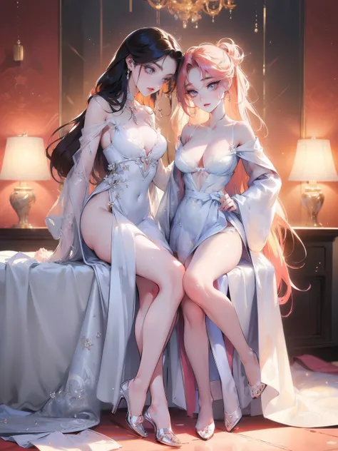 (((2 girls))), (((different faces and hair color))), ((erotic motion on the bed)), fullbody view,((erotic posing)),Dynamic posing,Arrange pose,dramatic,detailed background,dynamic angle,Hard NSFW, Show Legs，超A high resolution，Transparent hair，High Detail H...