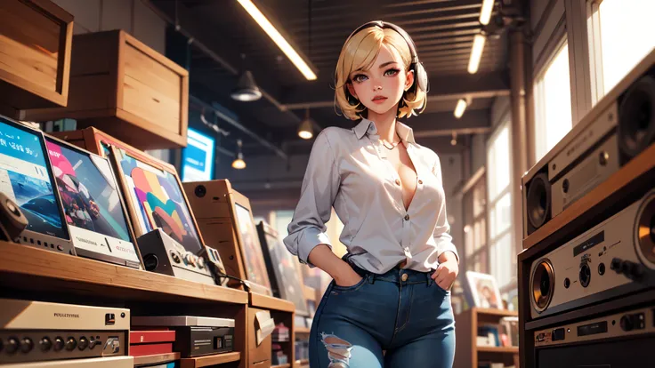 (masterpiece, Best quality:1.4), ultra detailed, soft light, daylight, cinematic light, granularity, (depth of field), (1 woman, One:1.4), mature woman, perfect female form, (perfect face, detailed face, glossy lips, Eyeliner), short hair, blonde, (natural...