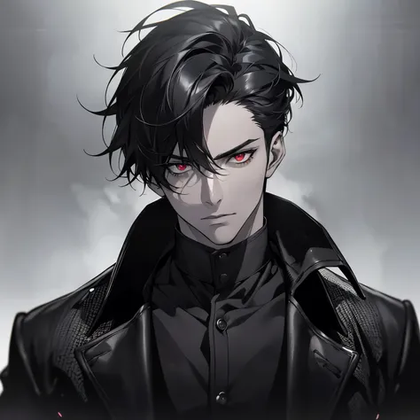 a handsome man with short black and white stripes hair and sharp ￼red eyes, wearing a black coat, in a monochrome background, (b...