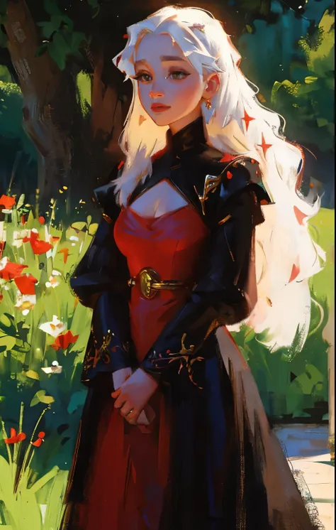 fantasy, princess Targaryen, full-length, garden, girl, with white hair, face looks like Daenerys|Natalie Portman, in a red and black dress embroidered with gold threads of rubies and diamonds with her eyes open, hd