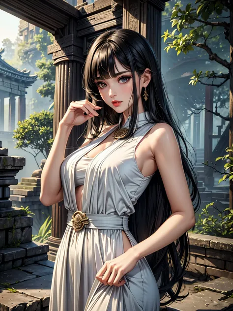 (best quality, 8K, masterpiece:1.3), pretty Woman, 1 girl, beautiful face, (seductive face), Black hair, blunt bangs single sidelock, absurdly long curtained straight hair, white casual dress, Ultra-detailed face, Detailed lips, super detailed eyes, double...