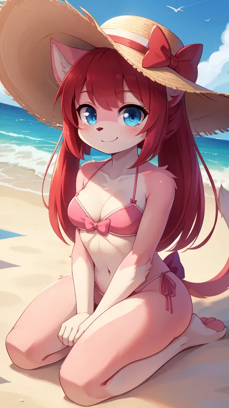 score_9,score_8_up,score_7_up, source_cartoon, source_furry, furry girl, cat, red hair, Knight bangs hairstyle, long ponytail, anime style, medium breasts, blue eyes, ((bright pink bikini bandeau with bow in the center, side bows at the bottom, wide-brimme...