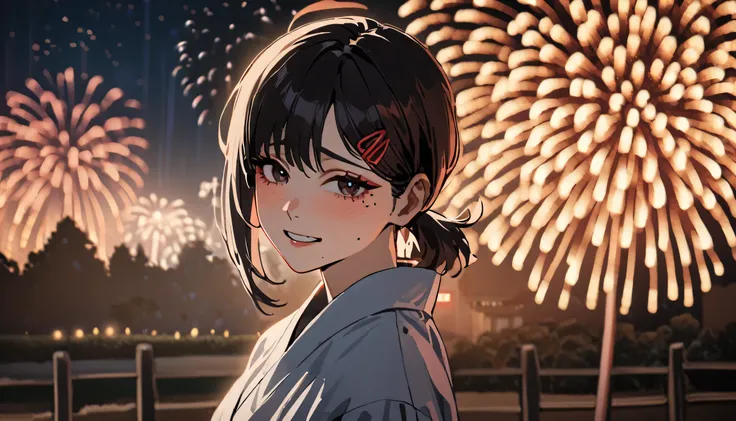 1girl, higashiyama kobeni, wearing kimono, in a cherry blossom park, nighttime, firework in background, (masterpiece), cinematic...