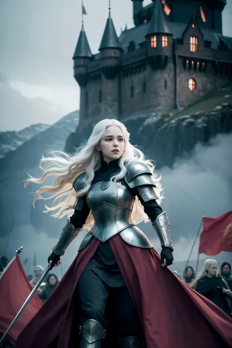 Targaryen Princess, with armor, in the midst of a battle full of soldiers and banners of the Targaryen house. Next to you, a dragon and in the background a black castle