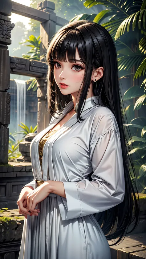 (best quality, 8k, masterpiece:1.3), pretty Woman, 1 girl, pretty face, (Seductive face), black hair, Blunt bangs single side lock, Ridiculously long straight hair, white casual dress, Super detailed的臉部, Detailed lips, super detailed eyes, double eyelids, ...