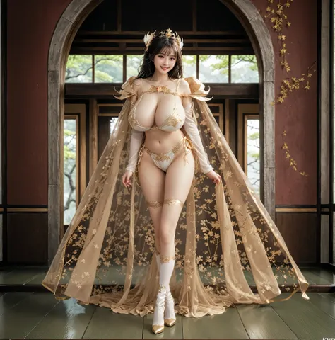 Anime style image of woman wearing sexy lingerie and cape, Full body fairy, Beautiful fantasy queen, She exhibits sexual arousal and intense desire，Light smile,Transparent underwear，Sheer clothing，high-cut underwear，Huge breasts，girl，诱人的动漫girl, Hino Rei pl...