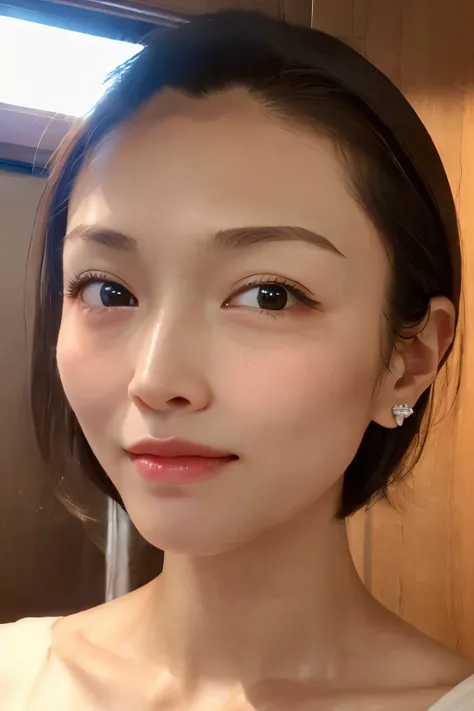 Beautiful Japanese,1 girl(masterpiece:1.2, Highest quality), (Realistic, photoRealistic:1.4),, Keep your eyes clearly focused, Nose and mouth,Face Focus, Extreme close up of face、 Age 35、Light brown hair、Symmetrical face、Realistic nostrils、Angle from below...