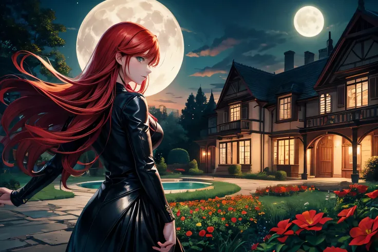 realistic, 1 girl, red hair, green eyes, black leather outfit, from behind, garden, flowers, mansion, night, moon