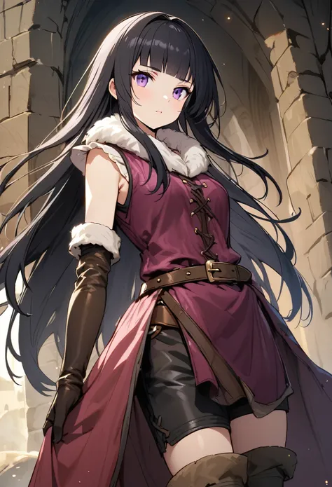 Tall girl, long black hair, distinctive bangs, purple-pink eyes, sleeveless leather vest, fur collar, short pants with a belt, medieval clothes, knee-length stockings, elbow-length gloves, solo