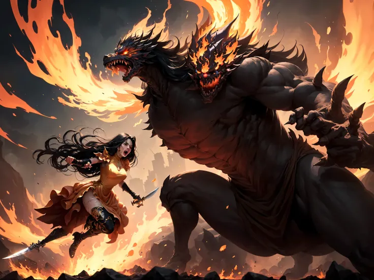 ((best quality)), ((masterpiece)), (detailed), A digital illustration of an injured long black haired woman falling from the air and attacking on a monsters hands with a golden knife with a furious expression on her face and the monster is in pain. She is ...