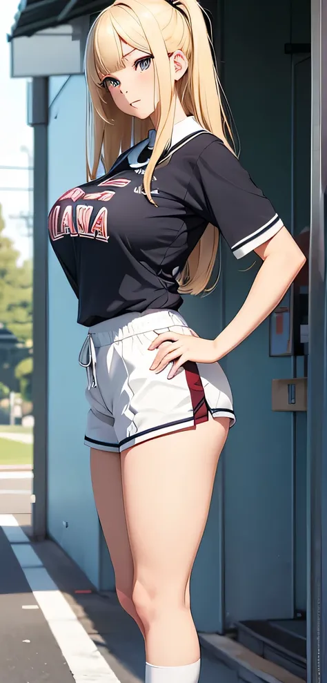 beautiful detailed 25 years old female japanese, wearing Sports Uniform: A fitted athletic uniform with a team logo, shorts, and sneakers, beautiful face, shiny white skin, blonde hair, slender, ultra large saggy breasts, massive cleavage exposed, school b...