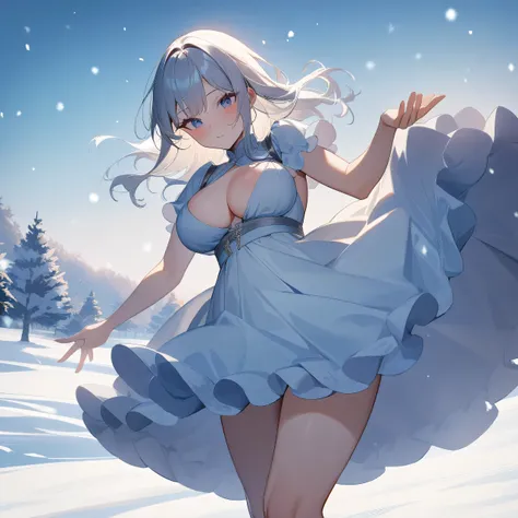 (1Girl, full-body, front side, masterpiece, high quality, highly detailed, 8k,), (Puffy breasts, breasts-type:Puffy, Larger areola, giving a distinct look, (wearing Ruffled velvet dress), (winter theme, winter background). ((SFW, sfw))