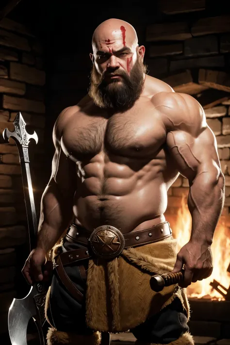 a barbarian dwarf, with muscular physique, scar on eye torn clothes, baldie, with a blood ax in hand