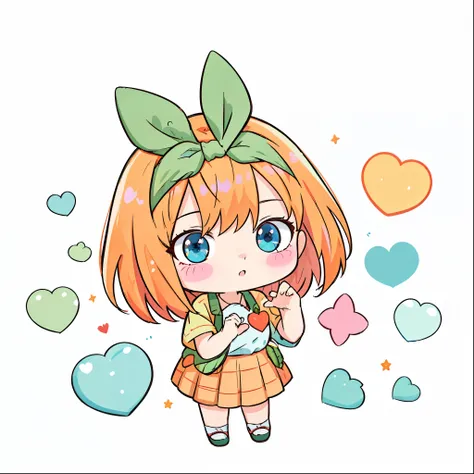 1 sticker, sticker, (cute) , stars, white background, no background,  background, minimal, cute, tiny, pastel color, vector style, no gradient, simple stickers, yotsuba nakano head, yotsuba hand heart pose, green ribbon, orange hair, blue ejes, front, big ...