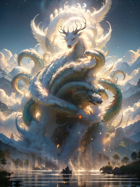 prompt: legendary qilin from shan hai jing, mythical creature, divine beast, ancient oriental symbol of prosperity and good fort...