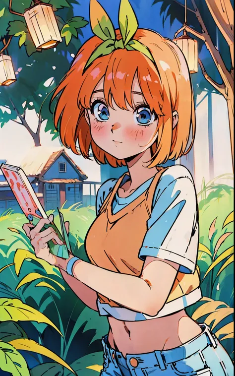 Happy face, smkle, cheery, yotsuba Nakano, green ribbon, perfect hands, Official art、Beautifully Aesthetic:1.2)、patterns、Hair spreads throughout、4k, excellent quality, Ultra Detail, Soft Light, short orange hair, blue eyes, nakano_yotsuba, , green ribbon,,...