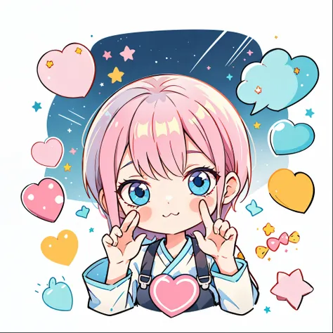 1 sticker, sticker, (cute) , stars, white background, no background,  background, minimal, cute, tiny, pastel color, vector style, no gradient, simple stickers, ichika nakano head, ichika hand heart pose, short pink hair, blue eyes, front, , sweet and cute