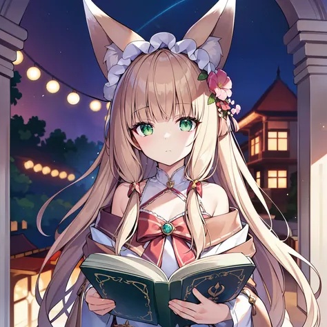 (Extremely detailed, Ridiculous, Ultra-high definition, Ultra Detailed, best quality), Solitary, (Big soft fox tail)，A pair of fox ears，Green Eyed，(Brown long hair)，Small flower headdress, (16 years old_High School Students)，better figure，Moro Liberation F...