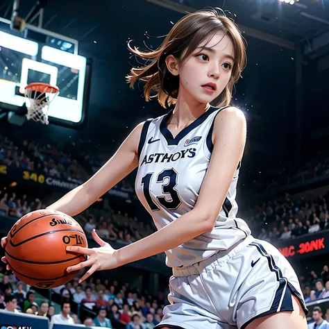 (((moment a female basketball player makes a dunk shot))), dynamic action pose, mid-air, crowd cheering, sports arena, dramatic ...