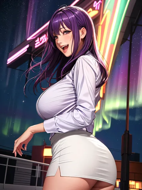 office lady, high resolution, Masterpiece, Anatomically correct, Highly detailed, realistic textures, blushing, dark purple hair, Bangs between the eyes, big breasts, BIG ASS, open mouth, purple eyes, smile showing teeth, woman is salking on street, night ...