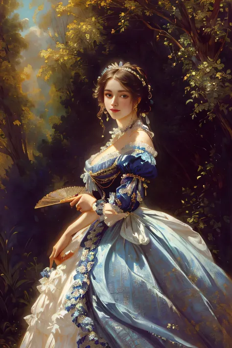 a painting of a woman in a blue dress holding a fan, by Franz Xaver Winterhalter, inspired by Franz Xaver Winterhalter, inspired by Konstantin Makovsky, auguste toulmouche, a beautiful victorian woman, portrait of a princess, inspired by Jaroslava Korol, p...