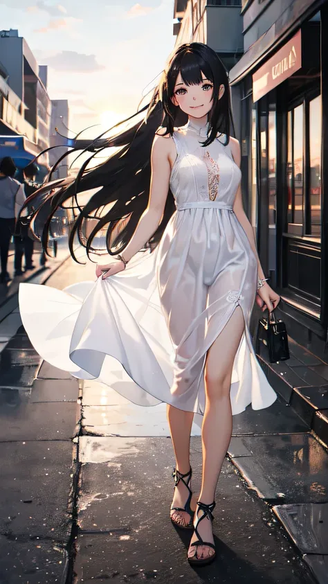 ((best quality)), ((masterpiece)), (detailed), 1girl, sexly, Long black hair,Clear Eyes,A kind smile,White dress,Sandals,Sunrise in the city,Shops on both sides,sunrise time,Twilight hours,Clear blue sky,A cool breeze is blowing