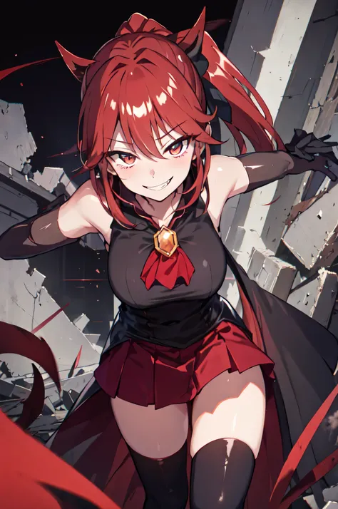 Highest quality, masterpiece, One Girl,Not beautiful, Red Ponytail, Long dress, brooch, Hair Ribbon,  Black knee socks, Standing on the rubble,  (Wicked Smile:1.1), ,,Dark shadowed face,Sadistic smile,Malice,Contempt,smile,latex,Bad face,,Red Skirt,two han...