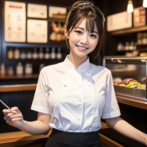 (tabletop、highest quality、8k、award-winning works、ultra-high resolution)、beautiful burger shop attendant、(white polyester shirt:1...