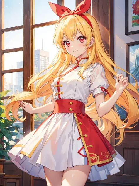 (RED Ribbon on HAIRband:1.2),an anime character wearing white shorts and white hair standing next to a painting, 1girl, double bun, solo, hair bun, chinese clothes, long hair, smile, Blonde hair, RED eyes, shampoo (ranma 1/2)Style, looking at viewer, dress...