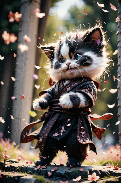 best quality, ​masterpiece, ultra high resolution, RAW-Foto, beautiful and aesthetic,deep shadow, padtell theme,(photorealestic:1.4), 
White kitten, Hanfu, happy face, Open moth, closed eyes, ((clair obscur, Contre-Jour, sun set, Petals float)), 
graceful ...