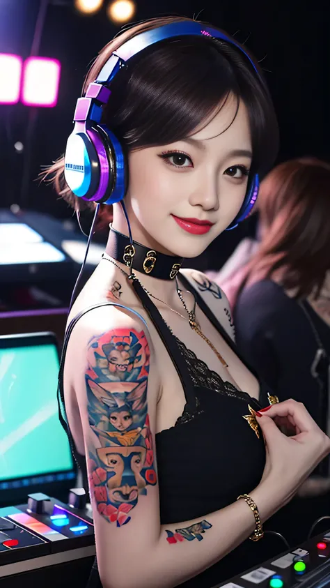 best qualityer，Masterpiece artwork，ultra-high resolution，(Fidelity:1.4)，(b&au:1.3)，professional，Photograph of，1个Giant breast Girl，Barra Dee，Girl using headphones，dj no bar，trunk，Uma dj feminina，Look at the crowd，dj, Cabine de dj，dj Player，Stage lighting，(B...