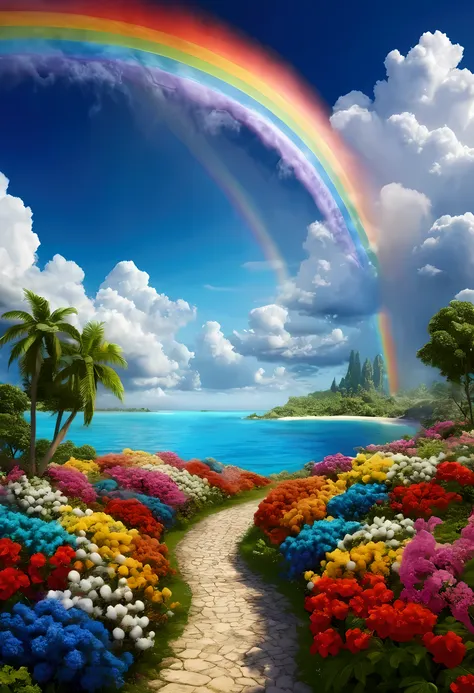 Paradise full of rainbows, cotton clouds flowers and many colors 