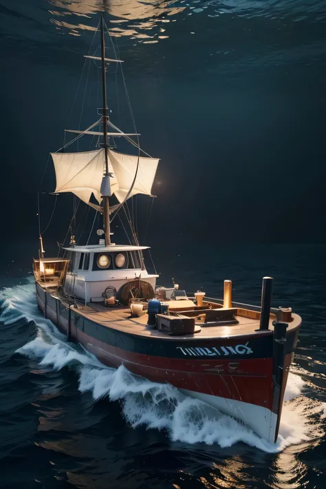 Traditional fishing boat powered by an underwater turbine to generate energy with secondary generators coupled to convert kinetic energy into electrical energy, all this in a single generator
