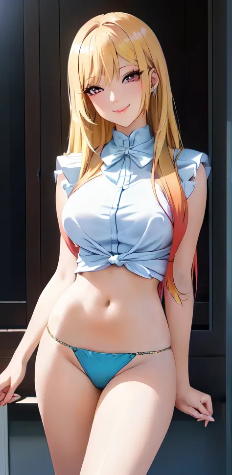 kitagawa marin, 1girl, blonde hair, long hair, multicolored hair, red eyes, jewelry, earrings, piercing, anime woman in a blue panties posing for a picture, seductive anime woman smiling teeth, attractive anime woman, beautiful alluring anime woman, beauti...